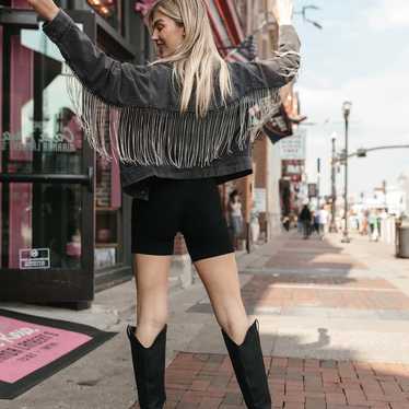 The post Black Washed Denim Jacket with rhinestone