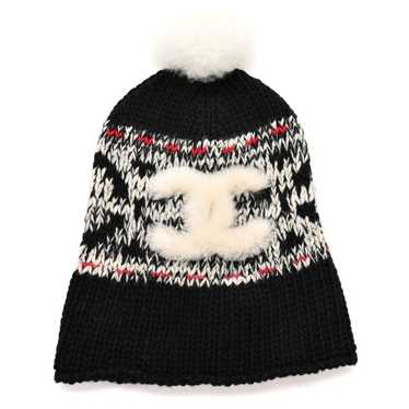 CHANEL Wool Shearling CC Beanie Hat Black Multicol