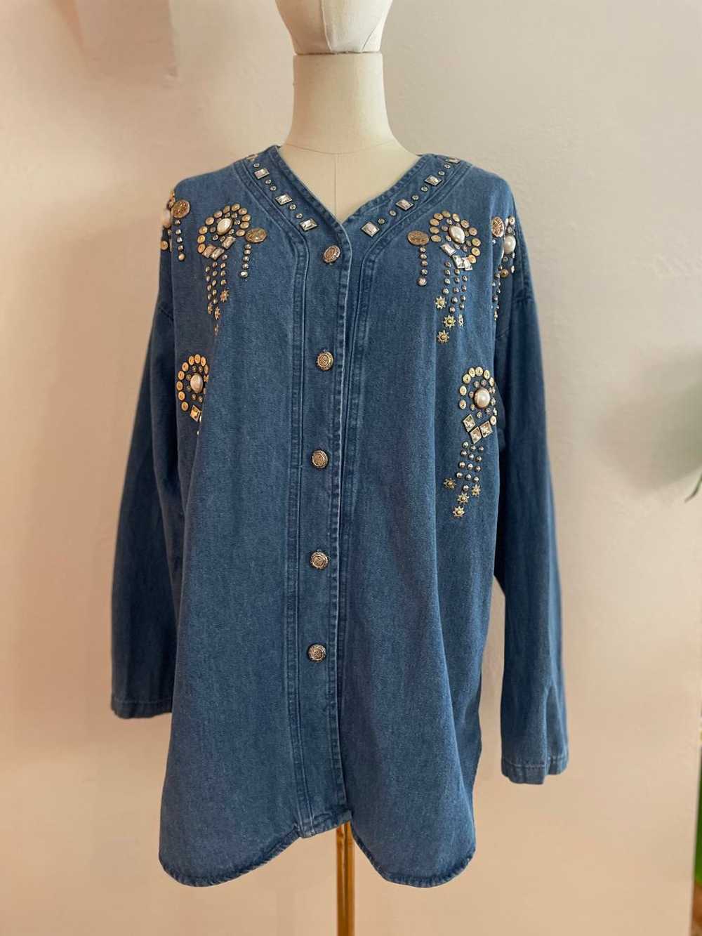 Colon 1980s Bedazzled Denim Button-Up Shirt (M) |… - image 1