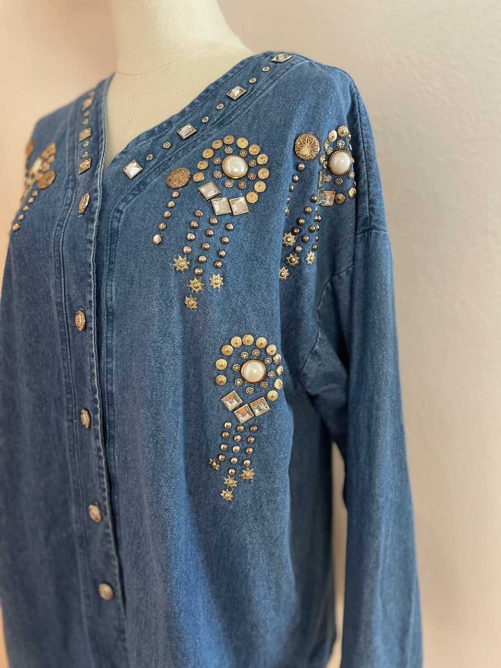 Colon 1980s Bedazzled Denim Button-Up Shirt (M) |… - image 4