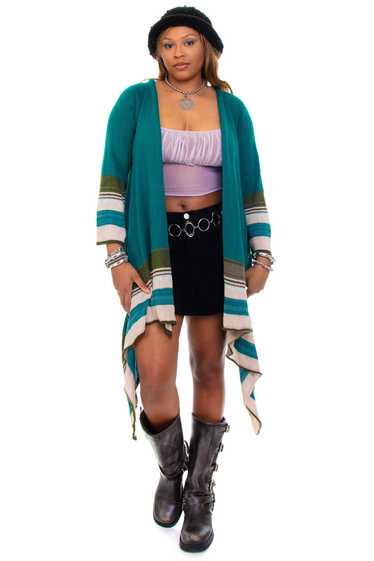 Vintage Y2K Teal Stripe Ribbed Knit Cardigan - OSF