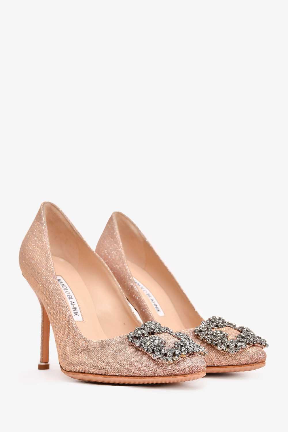 Manolo Blahnik Pink/Silver Metallic Cloth Hangisi… - image 2