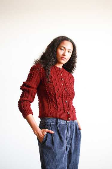 1970s Burgundy Wool Popcorn Knit Cardigan