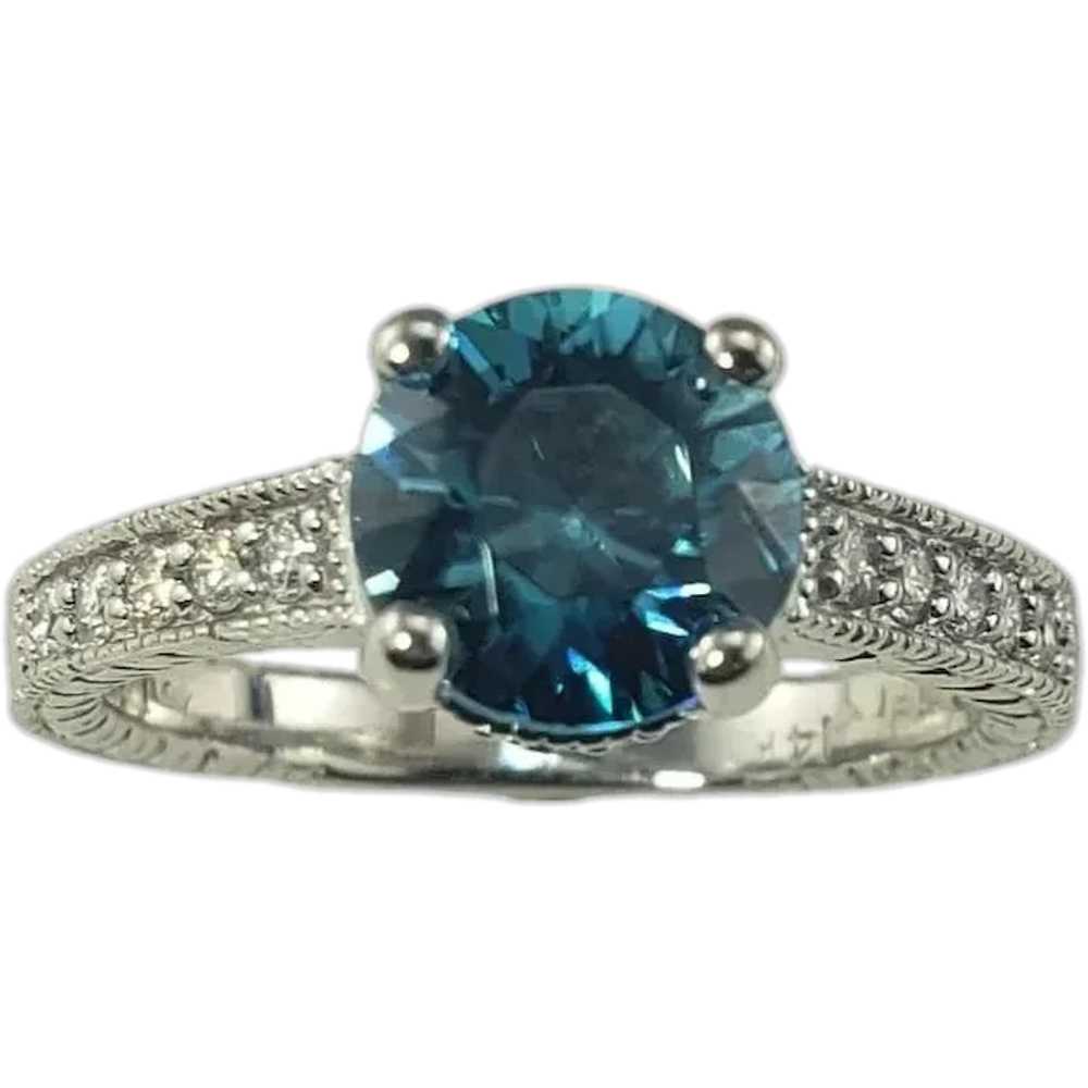 14K White Gold Blue Zircon and Diamond Ring Size … - image 1