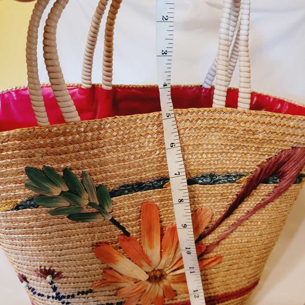 Vintage Flower applique woven wicker tote/beach b… - image 8