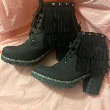 Black Studded Lace Up Fringe Ankle Boots