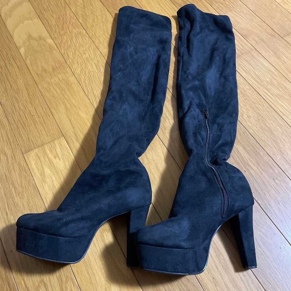 Black suede long boots, 24.0 cm - image 2