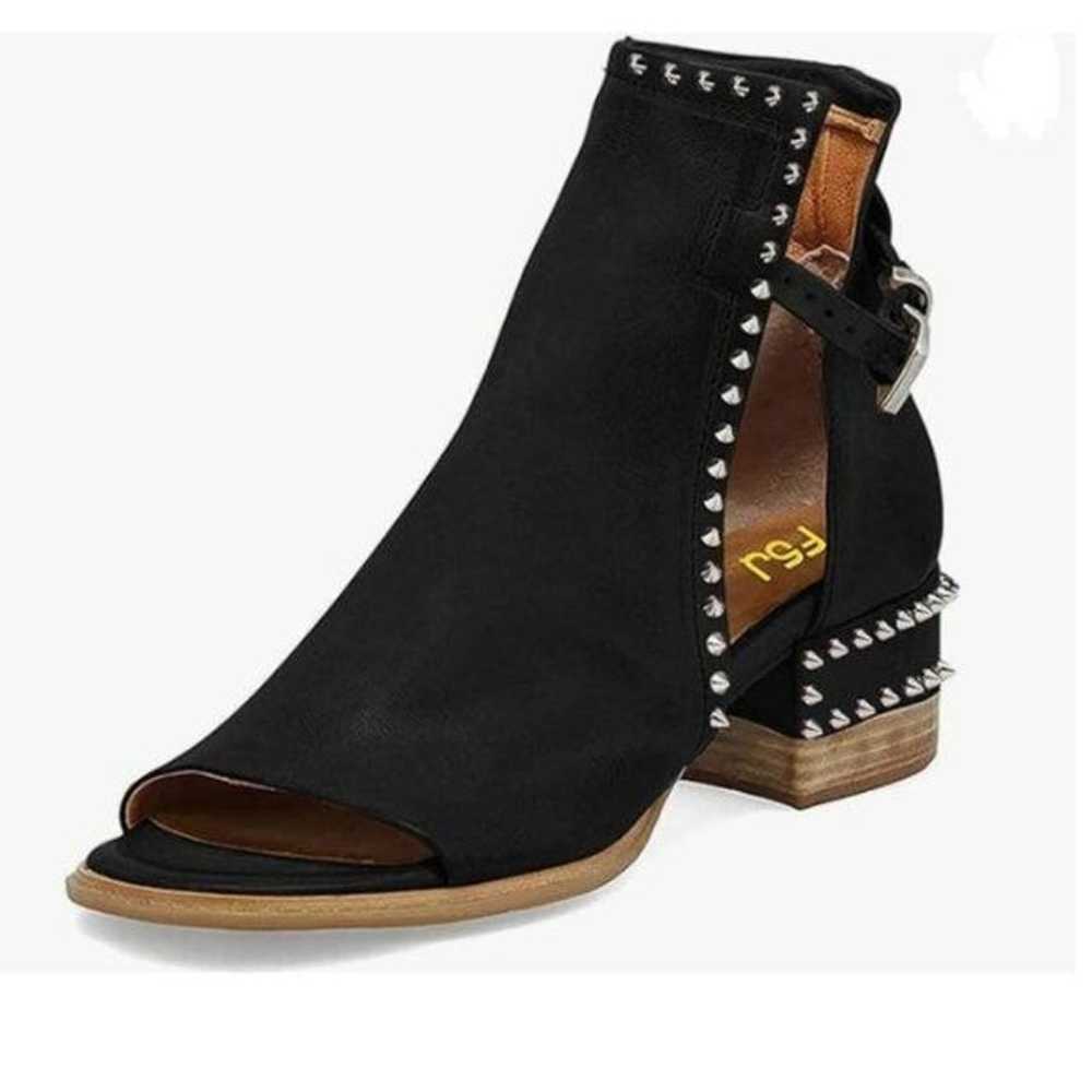 FSJ Black Rivets Peep Open Toe Cut Out Buckle Blo… - image 1