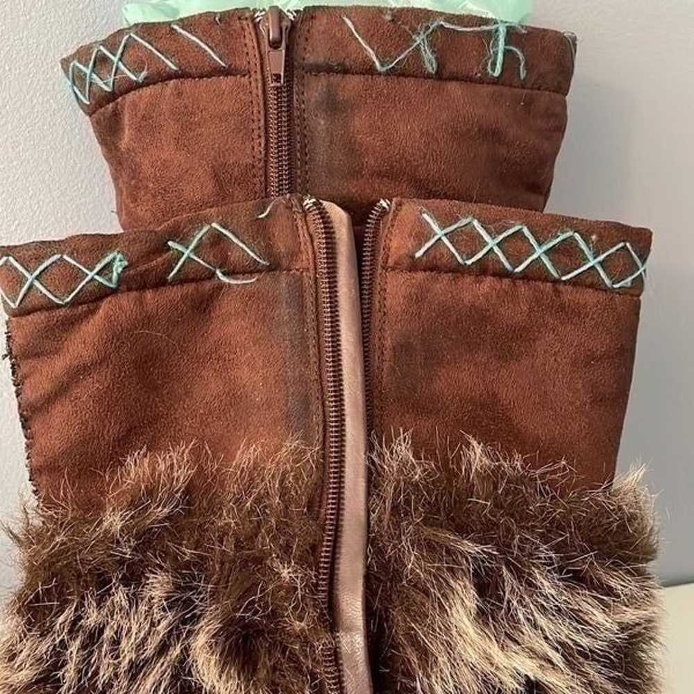 Embroidered Tall Brown Boots Faux Fur 8.5 with Dr… - image 11