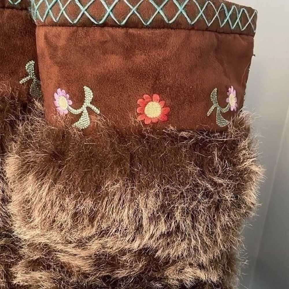 Embroidered Tall Brown Boots Faux Fur 8.5 with Dr… - image 2