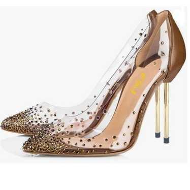 FSJ Brown Studded Pointed Toe Transparent Pumps Hi