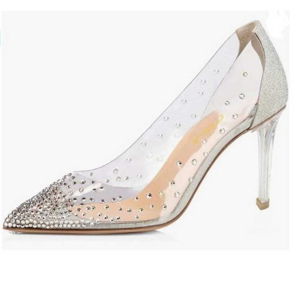 FSJ Silver Clear Heel Pointed Toe Rhinestons Pump… - image 1