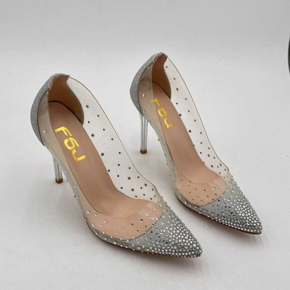 FSJ Silver Clear Heel Pointed Toe Rhinestons Pump… - image 4