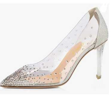 FSJ Silver Clear Heel Pointed Toe Rhinestons Pumps