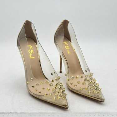 FSJ Gold Studded Pointed Toe Transparent Pumps Hig