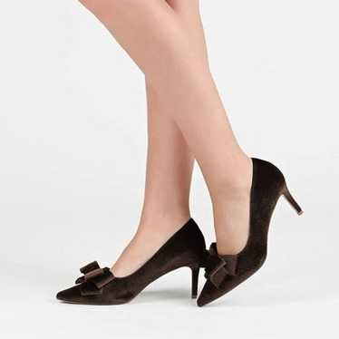 FSJ Brown Cute Bow Pointed Toe Kitten Heel Pumps … - image 1