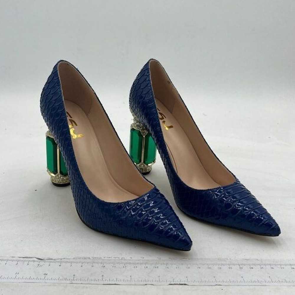 FSJ Blue Snake Print Bridal Pointed Toe Chunky Hi… - image 1