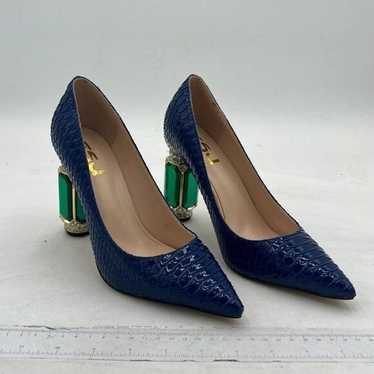 FSJ Blue Snake Print Bridal Pointed Toe Chunky Hig