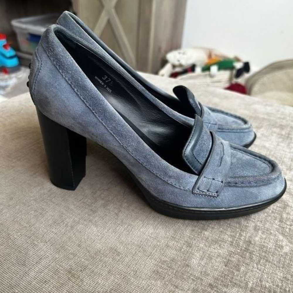 Tod’s Grey Blue Suede Penny Loafer Stacked Heels … - image 1