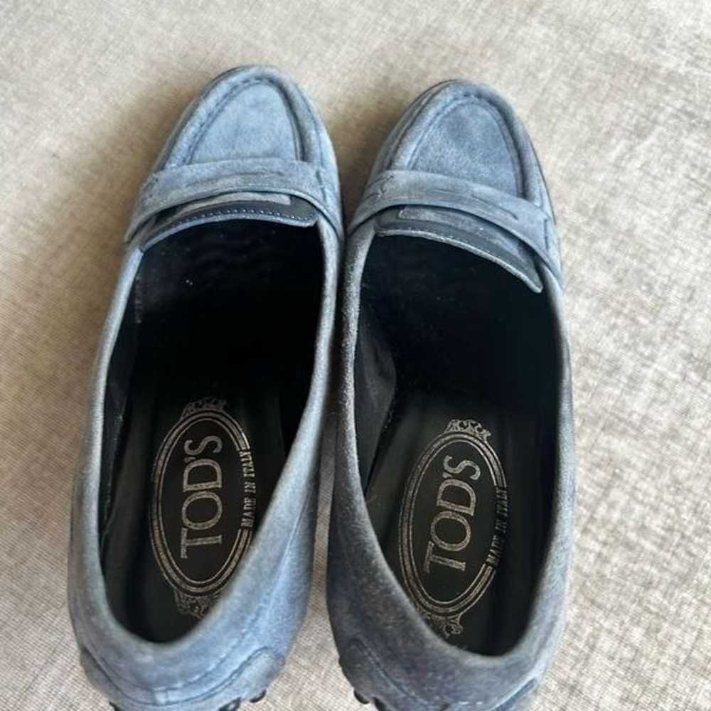 Tod’s Grey Blue Suede Penny Loafer Stacked Heels … - image 3