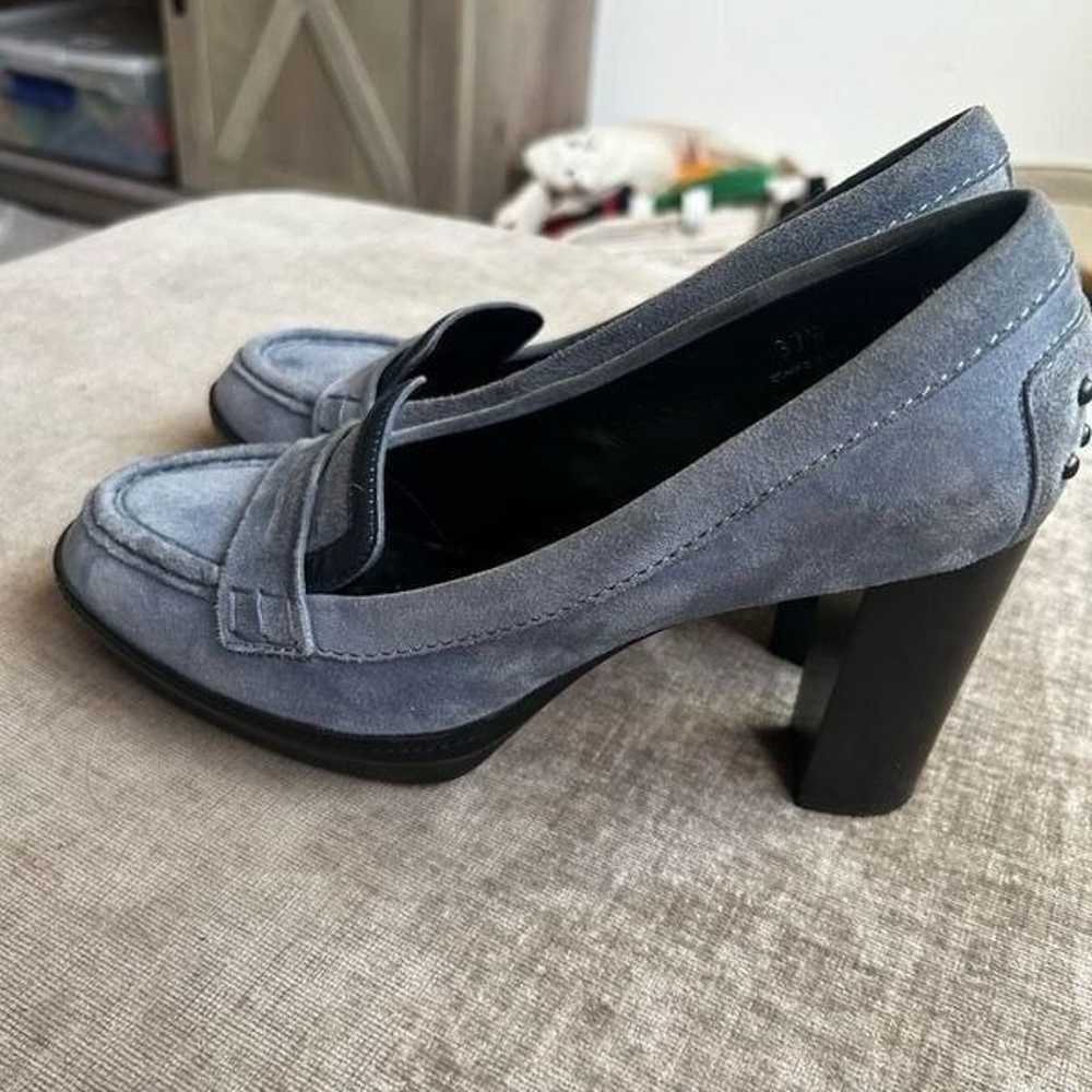 Tod’s Grey Blue Suede Penny Loafer Stacked Heels … - image 5