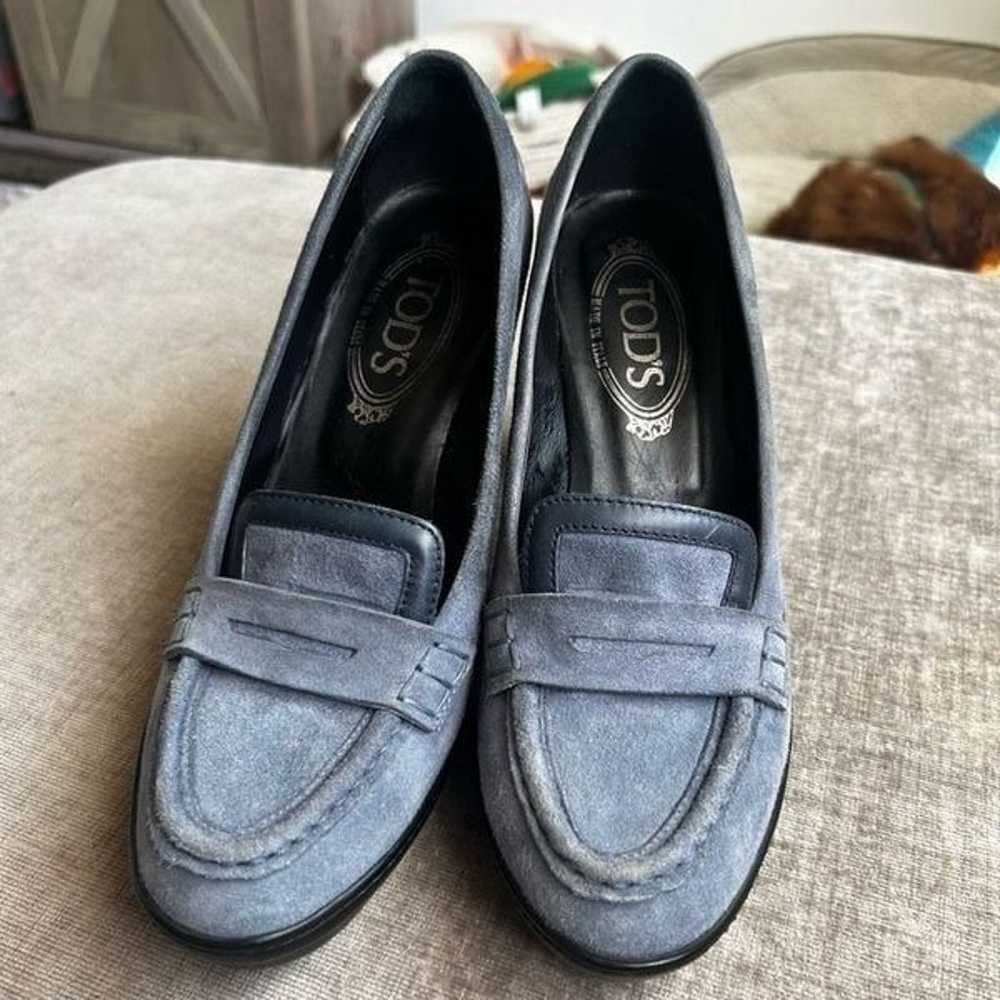 Tod’s Grey Blue Suede Penny Loafer Stacked Heels … - image 6