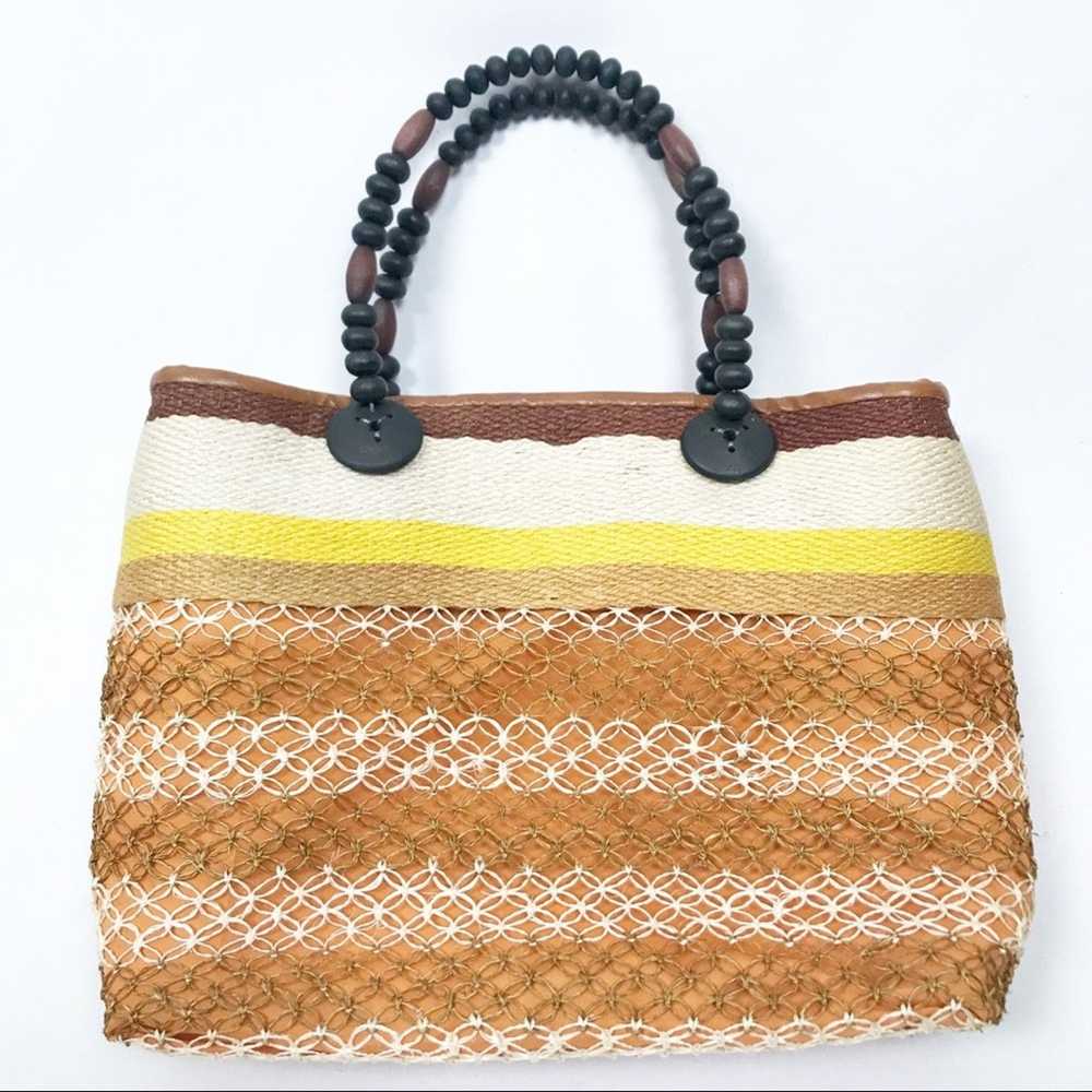 Vintage Straw Handbag with Beaded Handle Striped - image 1