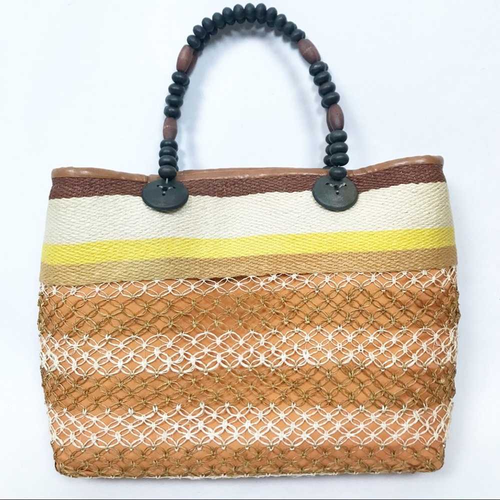 Vintage Straw Handbag with Beaded Handle Striped - image 2