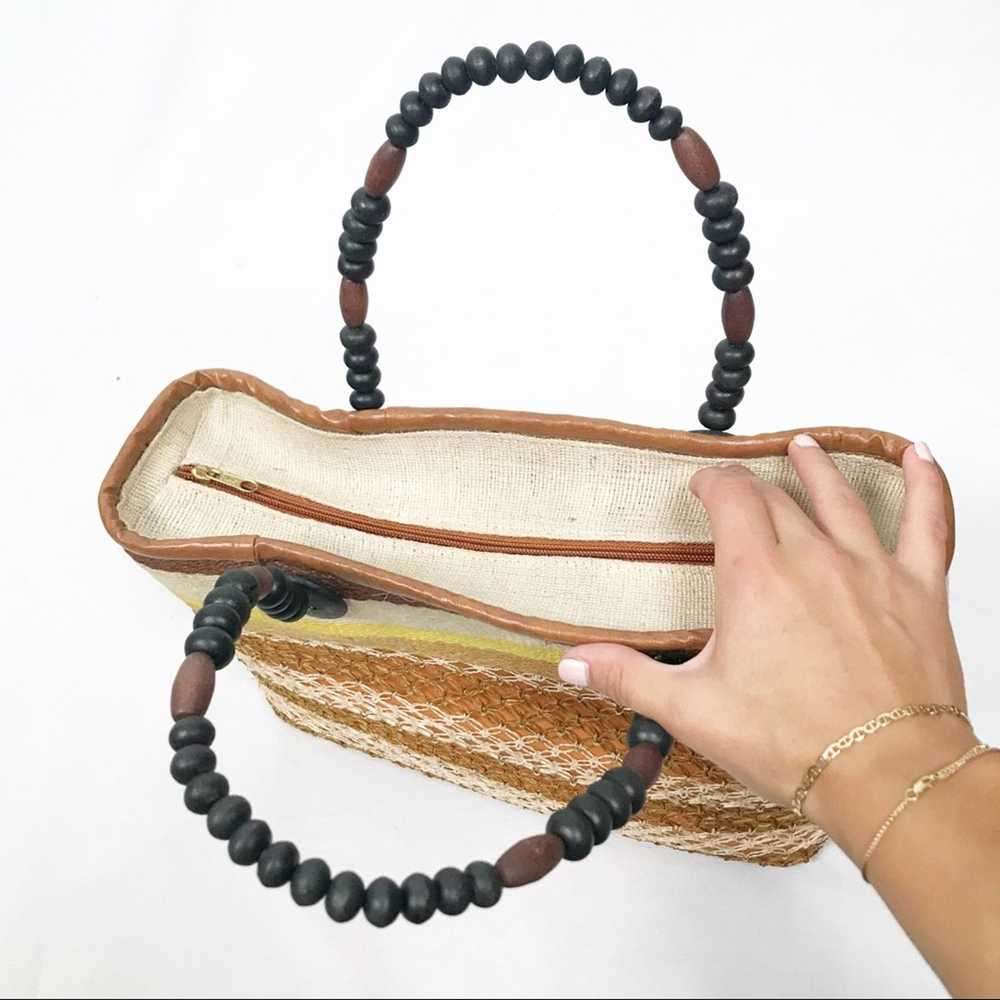 Vintage Straw Handbag with Beaded Handle Striped - image 4