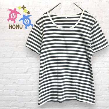 Muji T-shirt [M] Short Sleeve Striped Pattern U-ne