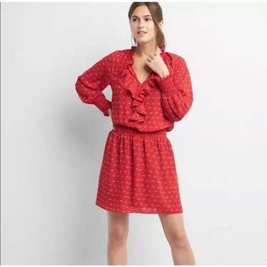 GAP Red Floral Print Long Sleeve Ruffle Dress Medi