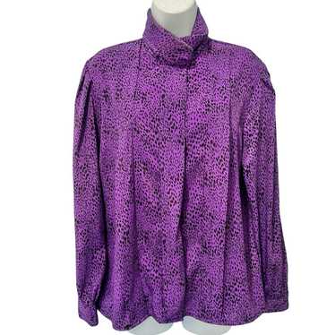 Vintage 80s Purple Black Cheetah Satin Button Dow… - image 1