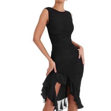 BLACK ASYMMETRICAL RUFFLE HIGH LOW HEM  DRESS