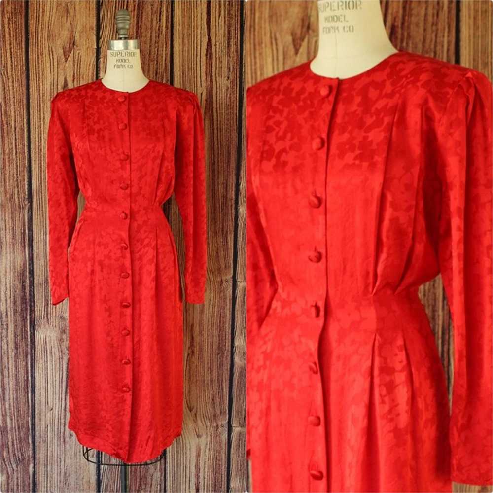 Vintage 1980's Dress, Papell Too Red Silk Satin S… - image 1