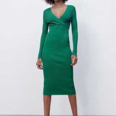 ZARA Cashmere Wrap Ribbed Knit Dress Green 3