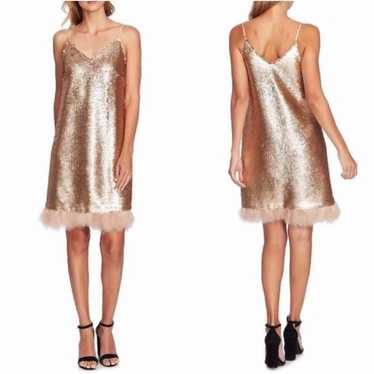 CeCe Gold Sequined Feather Shift Dress - image 1