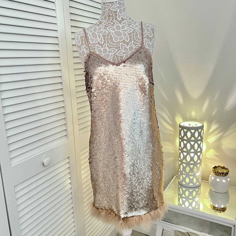 CeCe Gold Sequined Feather Shift Dress - image 2