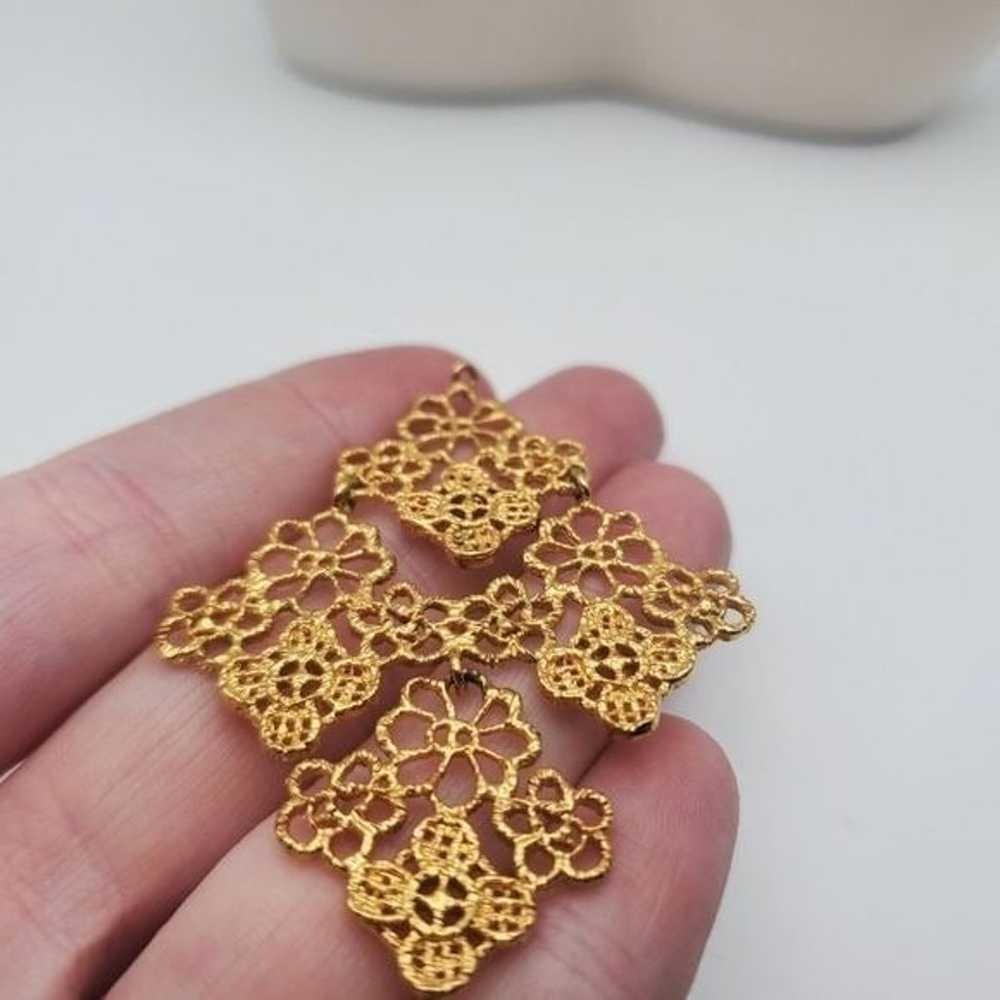 Gold toned lace filigree necklace pendant - image 2