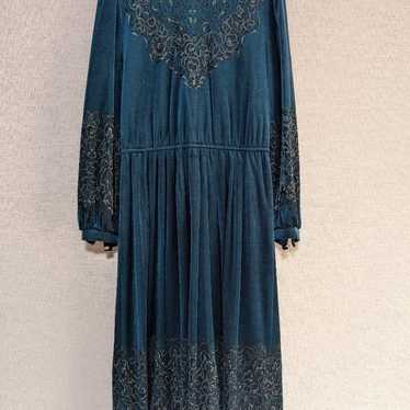 Velvet Long Sleeve Dress Green Embroidery Vintage 