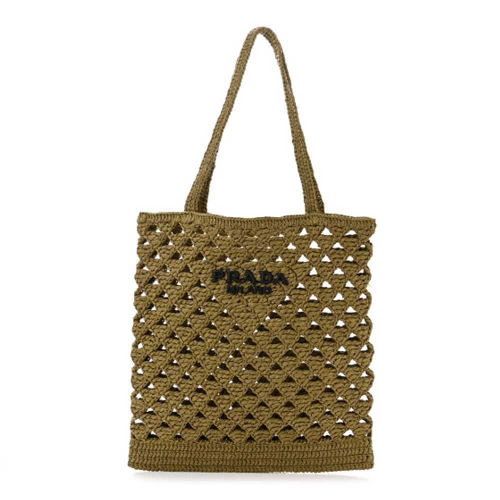 PRADA Yarn Raffia Effect Embroidered Logo Tote Ol… - image 1