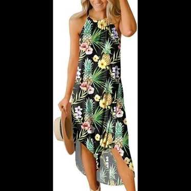 Tropical Pineapple and Floral Halter Maxi Dress - image 1