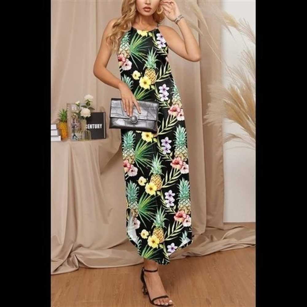 Tropical Pineapple and Floral Halter Maxi Dress - image 3