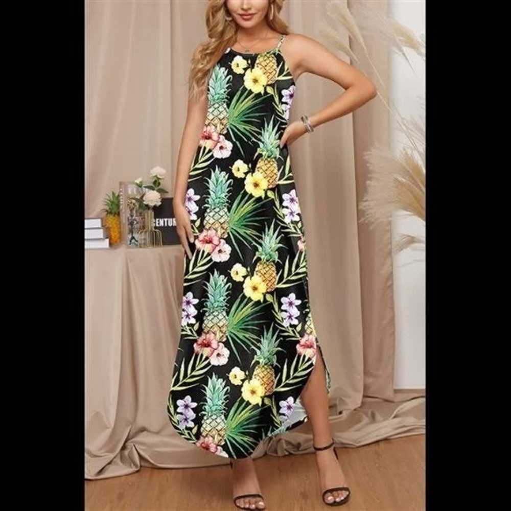 Tropical Pineapple and Floral Halter Maxi Dress - image 4