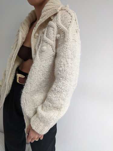 Vintage Hand Woven Cream Pure Wool Pom Pom Zip Jac