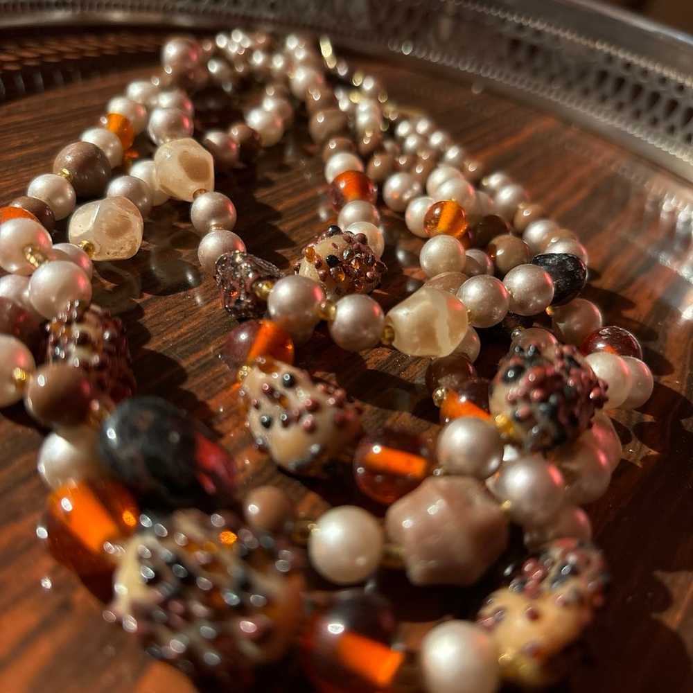 Vintage Japan Four Strand Stone Pearl and Amber T… - image 2