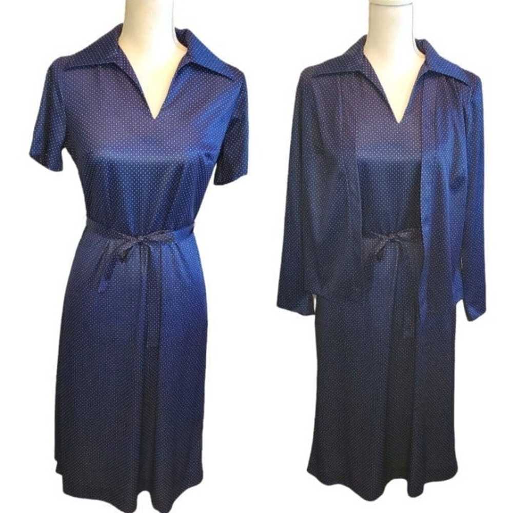 Vintage 70s 80s Womens Polka Dot Blue 2 Pc Sheath… - image 1