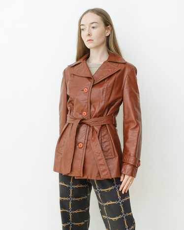 70s Cognac Leather Belted Jacket