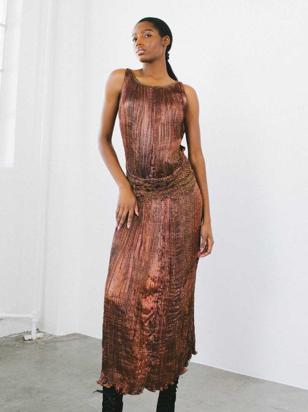 Patricia Lester Copper Silk Plisse Gown - image 3