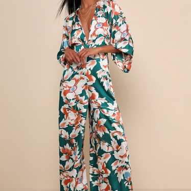 Lulus From Sunrise Teal Floral Print Wide-Leg Jum… - image 1