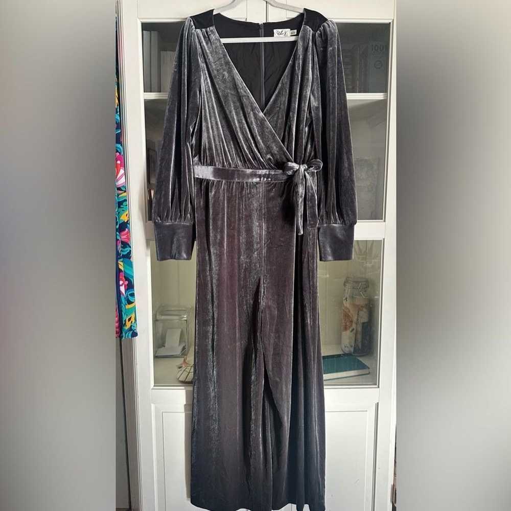 Eliza J Wrap Look Velvet Grey Pewter Jumpsuit EUC… - image 2